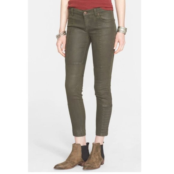Free People Jillian Moto Seam Detail Skinny Jeans Olive Army Green Size 28 - Picture 2 of 13